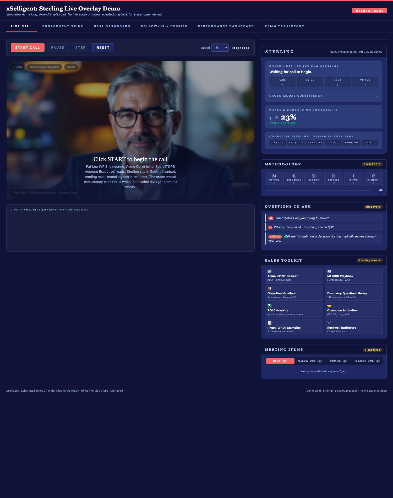 xSelligent live call view with Sterling sidebar showing buyer state, methodology checklist, and live questions